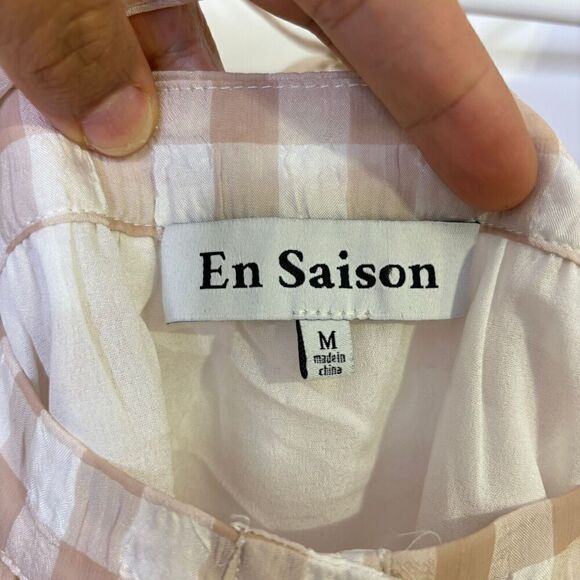 En Saison Value Mini Dress M White Rust Pink Gingham Puff Sleeve Tie Back Tiered - Picture 9 of 12